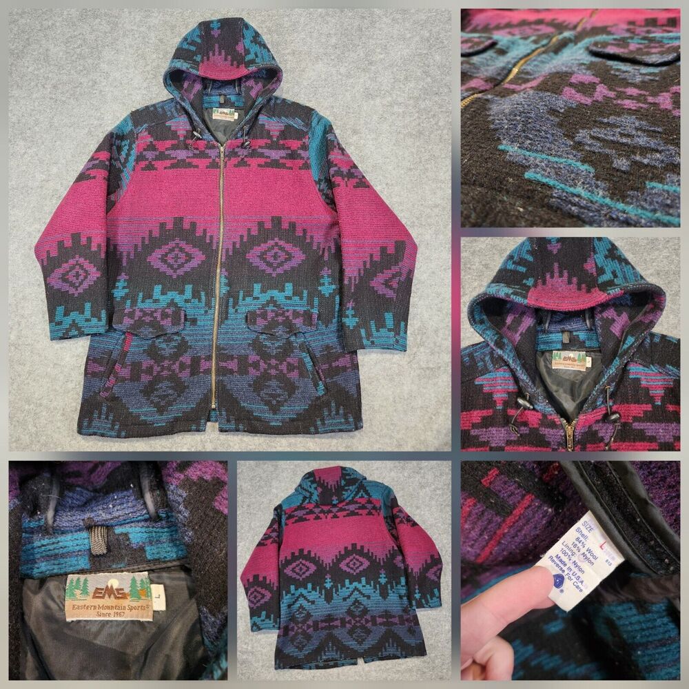 VTG Eastern Mountain Sports EMS Mens Womens L Large Aztec Wool Hood Coat Jacket